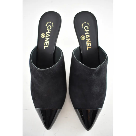 Chanel 20C Paris In Rome Pearl Black Suede Patent CC Mule Slide Heel Pump 42 - Picture 4 of 8